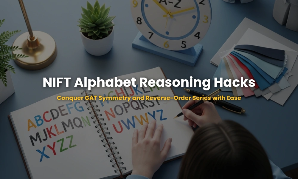 Educational setup for NIFT GAT preparation showing alphabet mnemonics and design tools.
