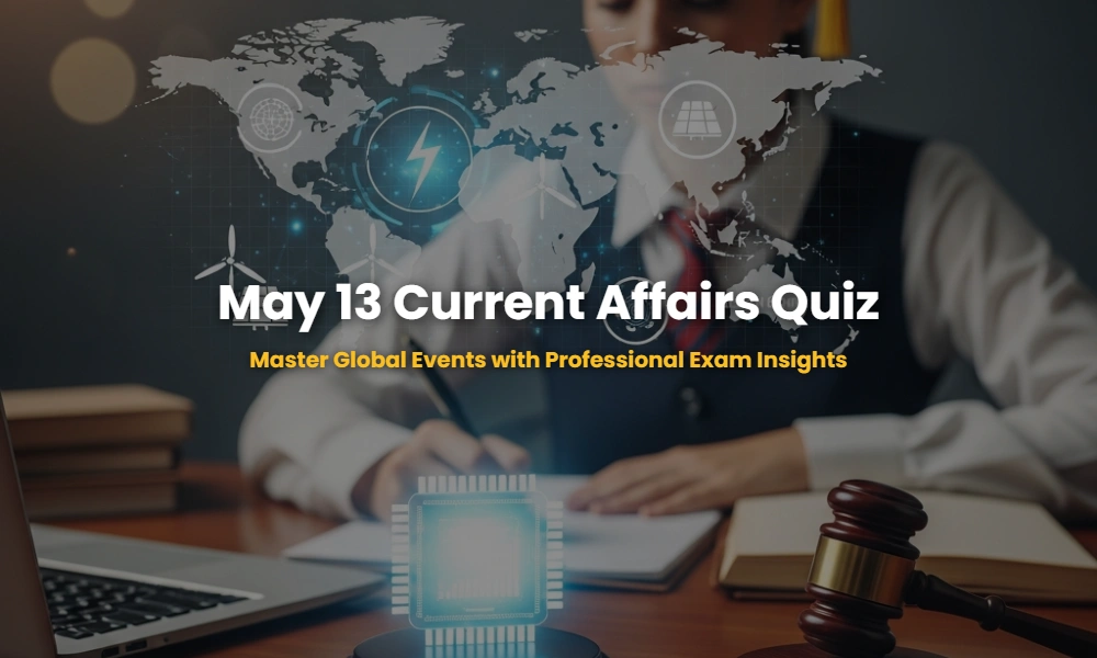 Digital illustration of May 13 2026 current affairs topics including climate finance, AI regulation and semiconductor technology.