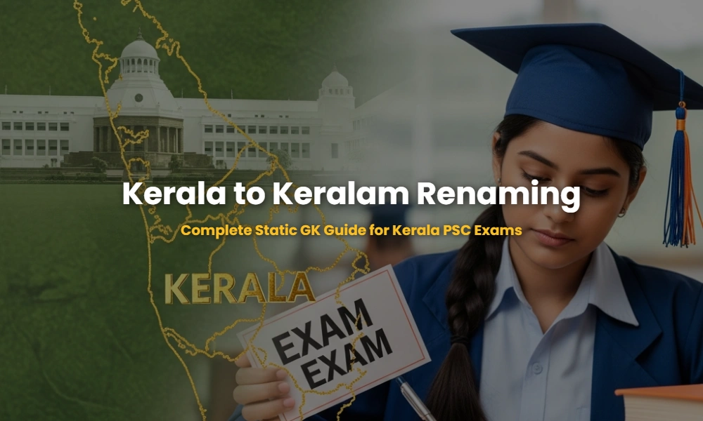 Educational banner showing Kerala map and the name Keralam for Static GK studies.