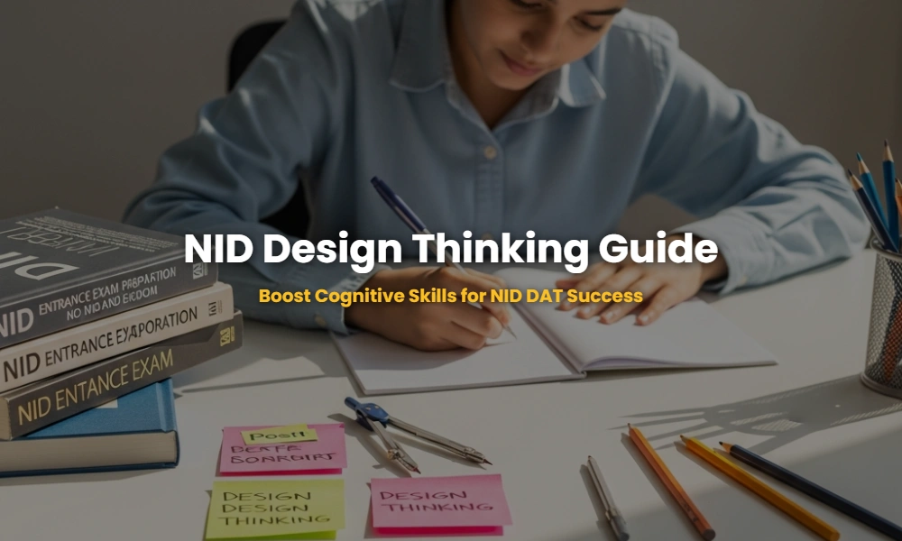 A professional desk setup for NID DAT exam preparation focused on cognitive skills and design thinking.