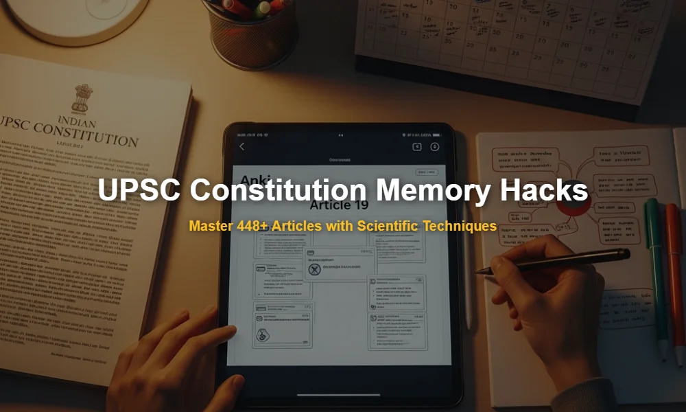 UPSC aspirant study desk with Indian Constitution book, tablet showing flashcards, and mind maps for memory techniques.