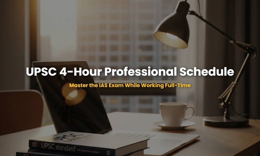 Integrated UPSC study schedule for working professionals featuring textbooks and a laptop on a desk at sunrise.