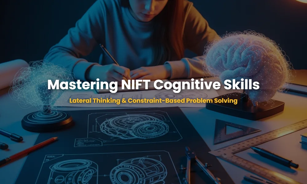 Aesthetic representation of cognitive skills and functional product design tools on a designer's desk.