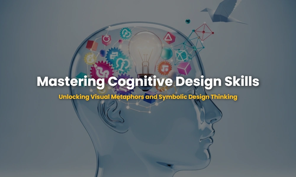 A conceptual 3D illustration of cognitive skills in design showing a head silhouette filled with connected symbols and metaphors representing problem-solving.