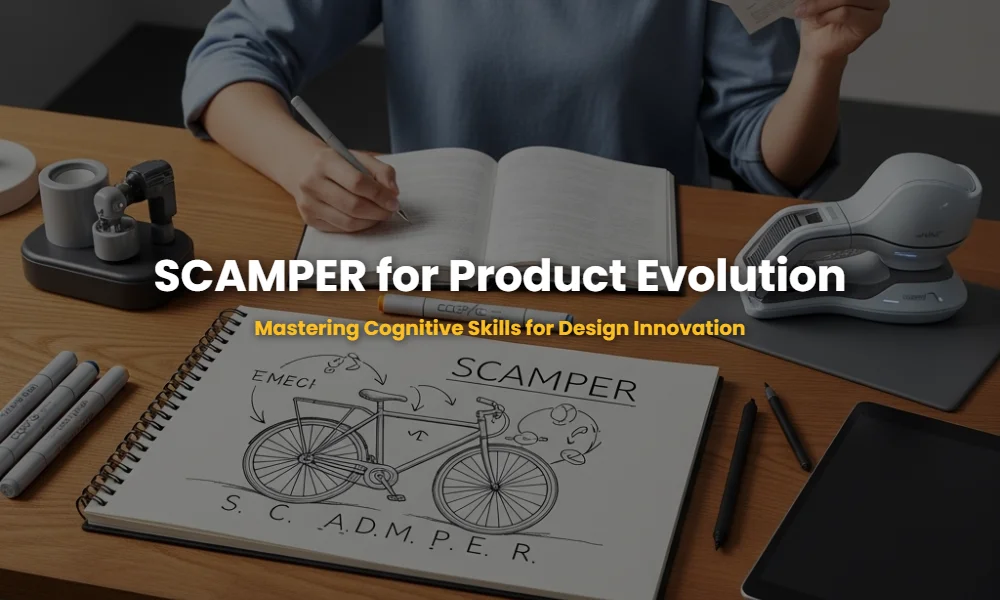 A design student's workspace showing the application of SCAMPER technique on a product sketch for cognitive skills improvement.