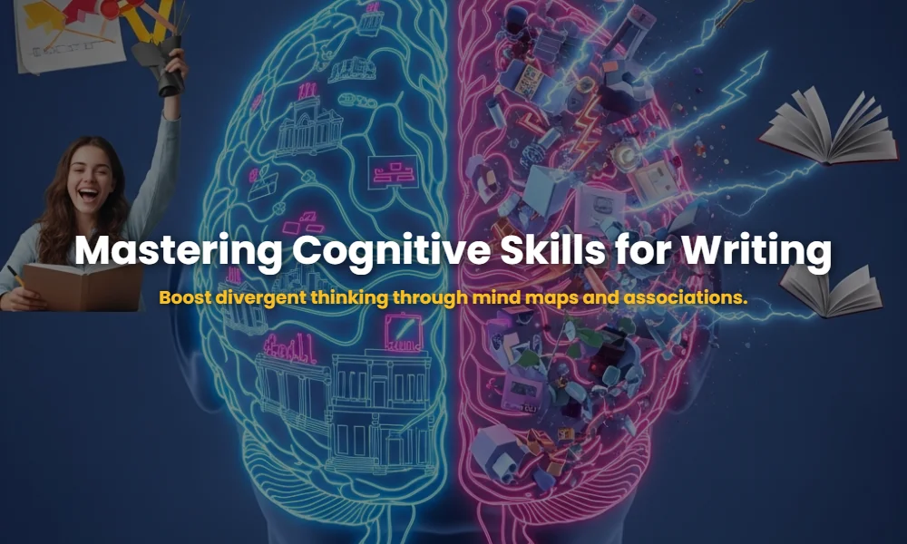 A creative illustration representing cognitive skills, mind mapping, and divergent thinking for NID exam preparation.