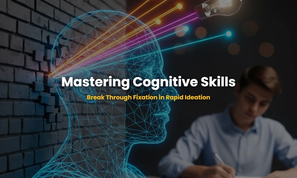 Abstract visualization of cognitive skills breaking through a mental block during design ideation.