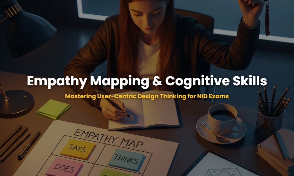 A professional designer's workspace featuring an empathy map and design tools, illustrating the integration of cognitive skills into creative brainstorming.