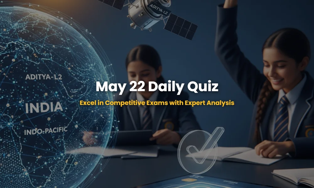 Daily Current Affairs Quiz for May 22, 2026 featuring global trade, space tech, and economy icons.