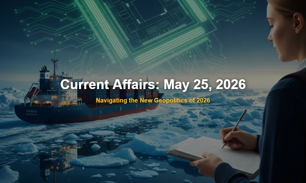 Illustration of the Arctic Northern Sea Route merged with a semiconductor circuit board symbolizing 2026 geopolitics and tech.