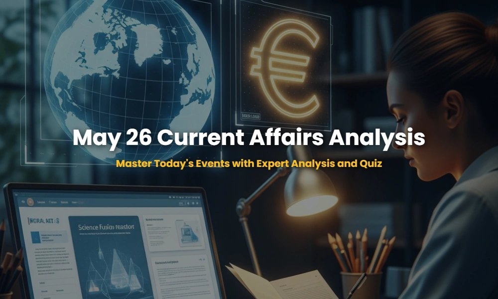 May 26 2026 Daily Current Affairs Analysis and Quiz conceptual image showing global events.