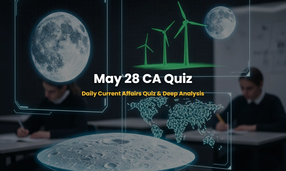 Daily Current Affairs Analysis and Quiz visualization for May 2026 featuring space and energy themes.