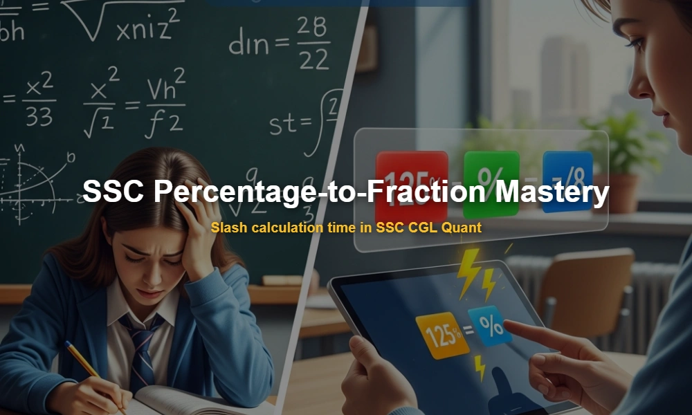 Illustration comparing slow traditional math vs fast mental percentage-to-fraction conversion for SSC CGL exam preparation.