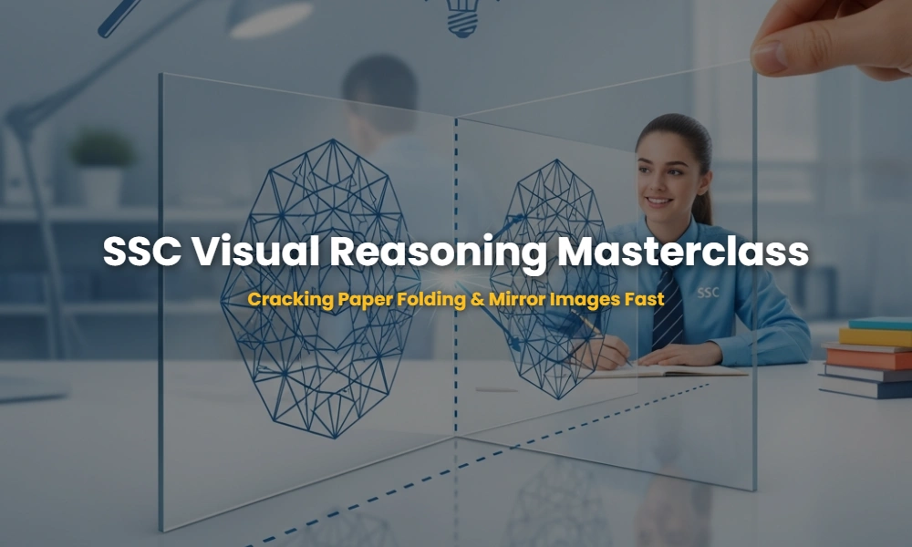 Visual illustration of the paper folding and mirror image reasoning method for SSC exams, showing symmetry and reflection on a transparent sheet.