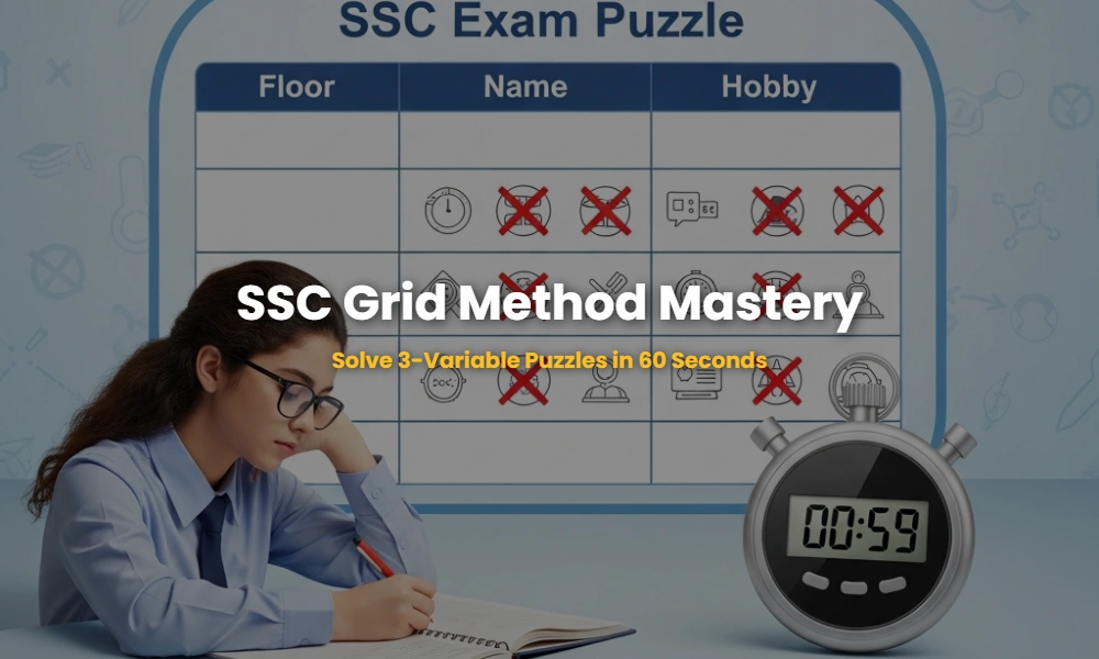 A detailed 3-variable reasoning grid for SSC floor puzzles showing columns for floors, names, and hobbies with a stopwatch set at 60 seconds.