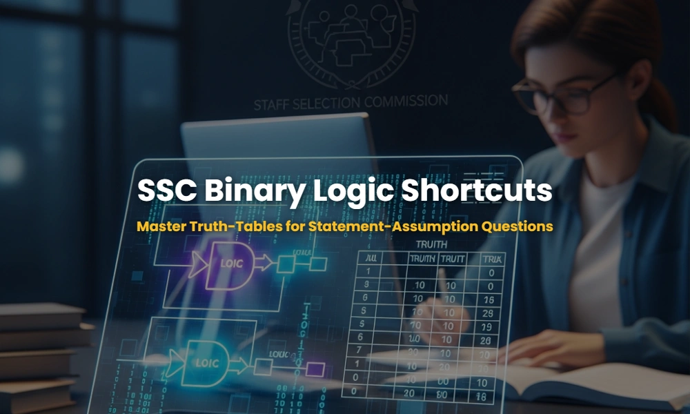 Binary logic and truth table shortcuts for SSC reasoning exam preparation.