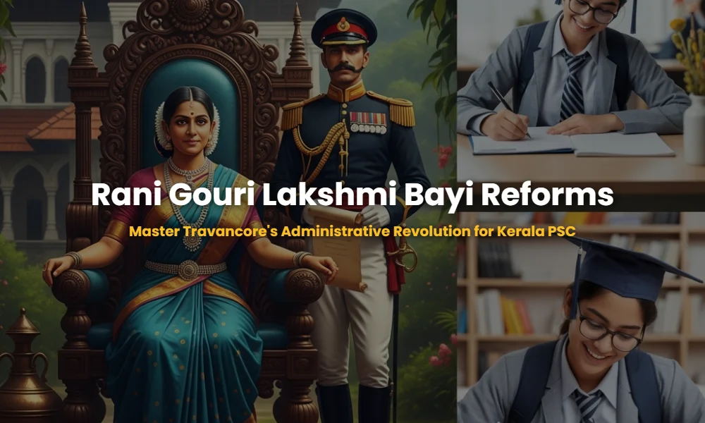 Illustration of Rani Gouri Lakshmi Bayi and Colonel John Munro discussing administrative reforms in Travancore.