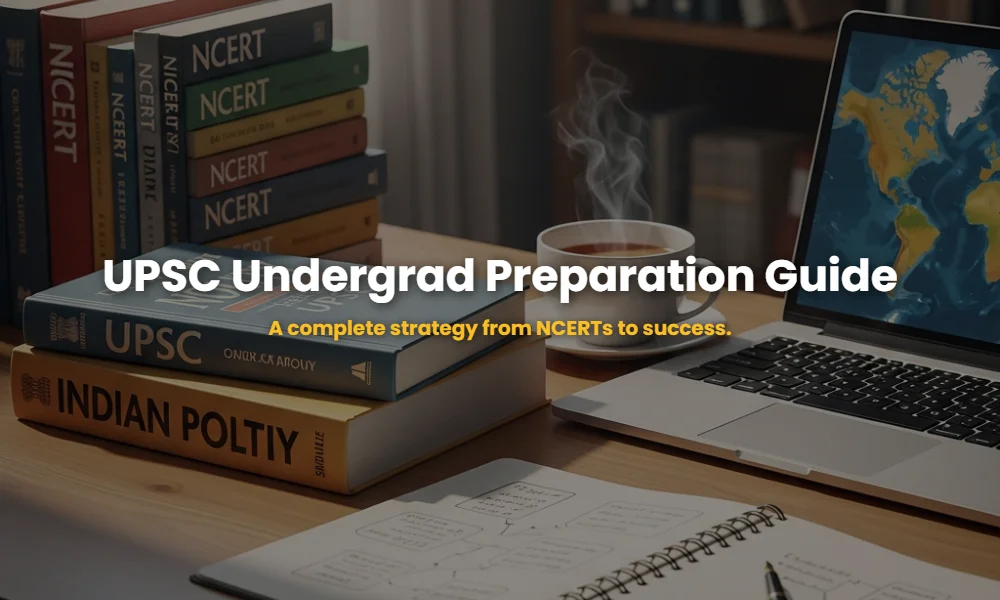 Integrated UPSC preparation strategy books including NCERTs and standard textbooks on a student's desk.
