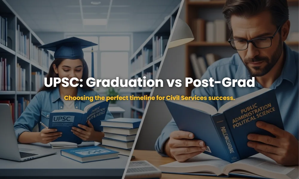 Split screen showing a graduation student and a postgraduate student preparing for the UPSC exam.