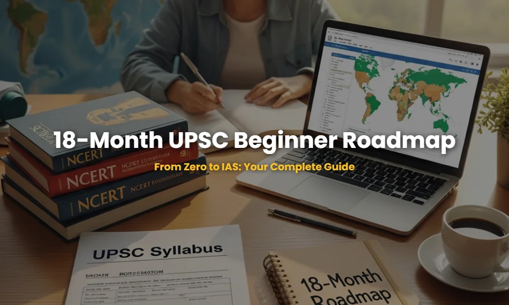 UPSC 18-month preparation roadmap desk setup with NCERT books and syllabus.