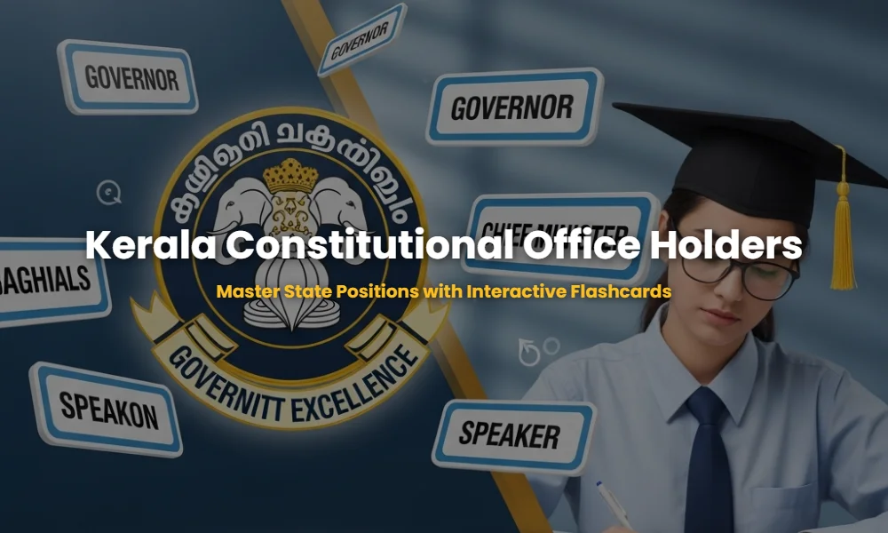 Educational graphic showing Kerala State Emblem and 3D flashcards of constitutional positions.