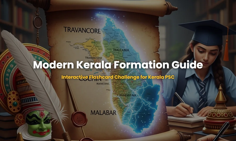 Aesthetic representation of historical events and treaties related to the formation of modern Kerala including old maps and wax seals.