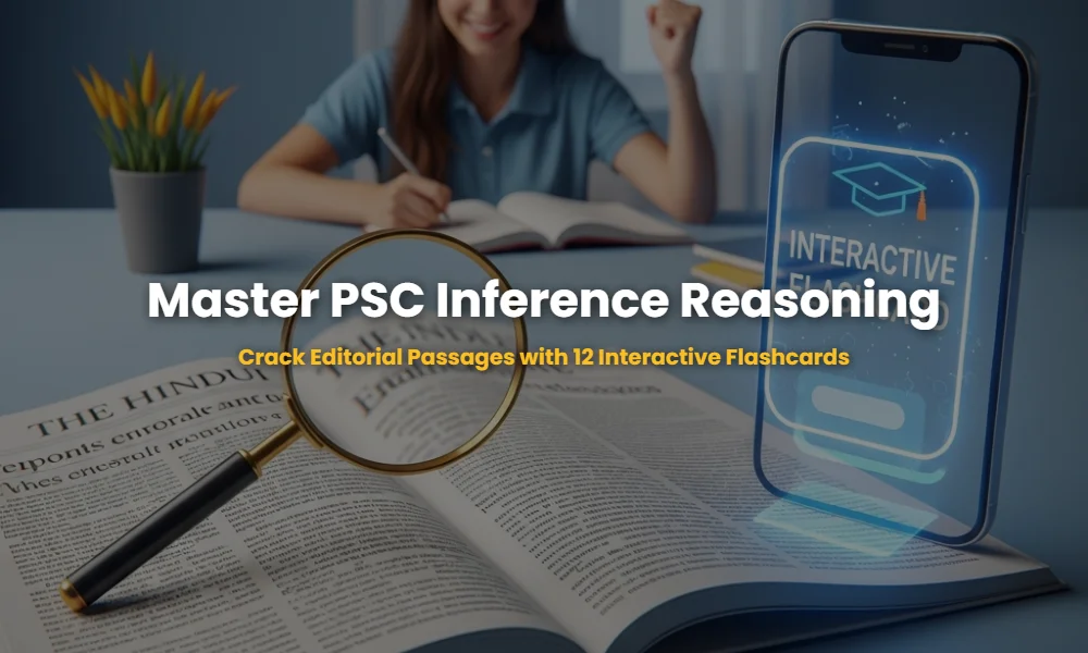 A magnifying glass focusing on editorial passages with 3D interactive flashcards for Kerala PSC exam preparation.