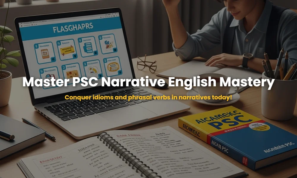 Interactive flashcard challenge for Kerala PSC English idioms and phrasal verbs in narrative texts.