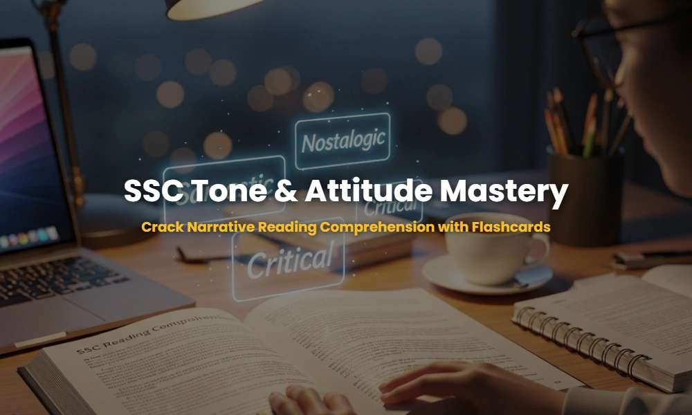 Interactive flashcards for identifying the author's tone and attitude in SSC narrative reading comprehension passages.