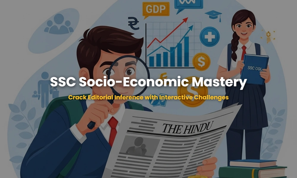 A student analyzing socio-economic editorial passages for the SSC exam with icons of economic growth and social welfare.