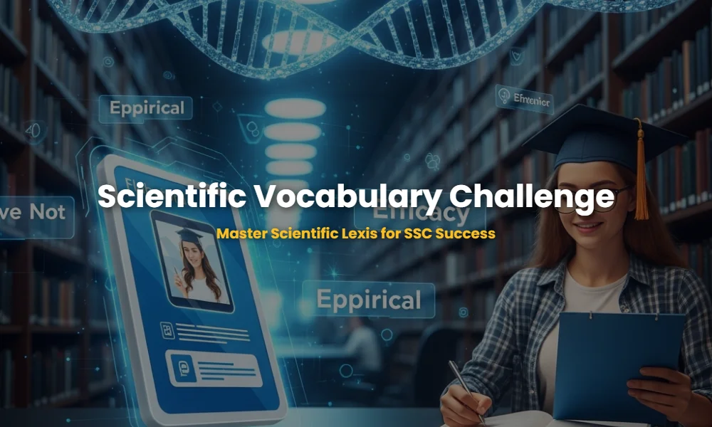 Interactive 3D flashcards showing scientific vocabulary for SSC exam preparation.