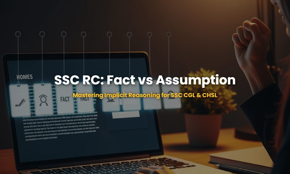 Interactive flashcards for SSC Reading Comprehension preparation showing the difference between facts and assumptions.