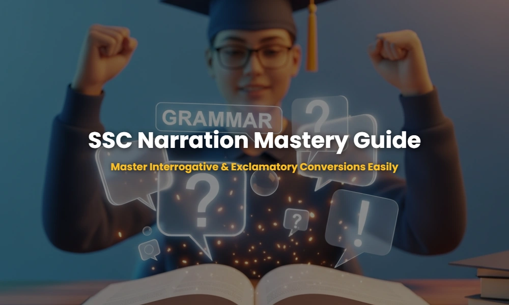 Grammar book with interactive narration symbols for SSC exam preparation.