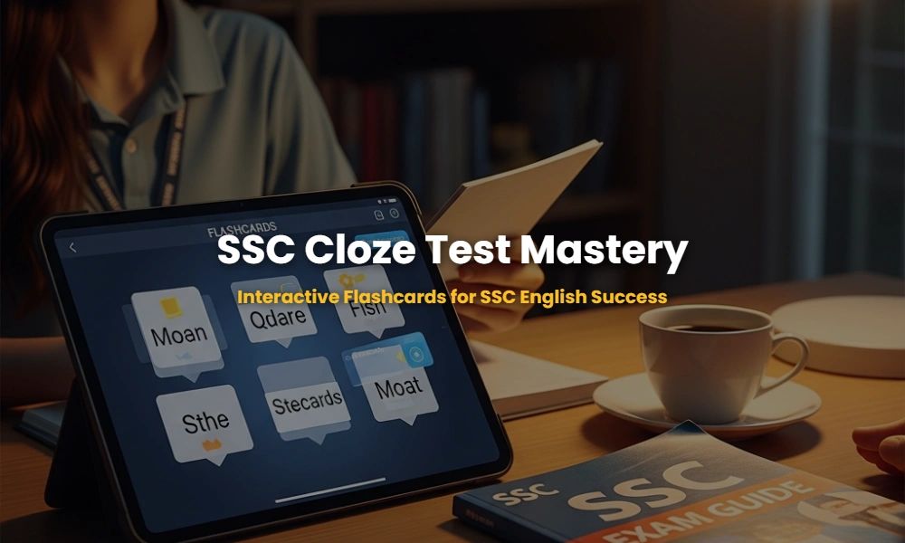 Interactive flashcards for SSC Cloze Test contextual vocabulary and fixed prepositions on a digital tablet.
