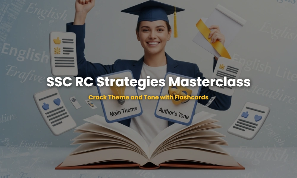 Educational graphic showing Reading Comprehension strategies for main theme and tone identification for SSC exams.