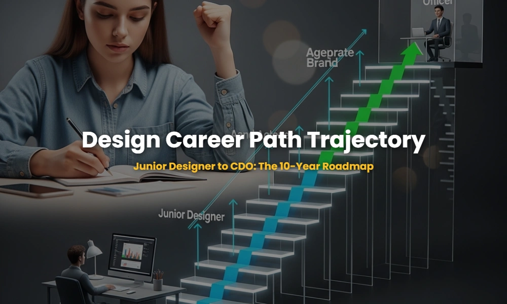 10-year design career trajectory from Junior Visual Designer to Chief Design Officer infographic.