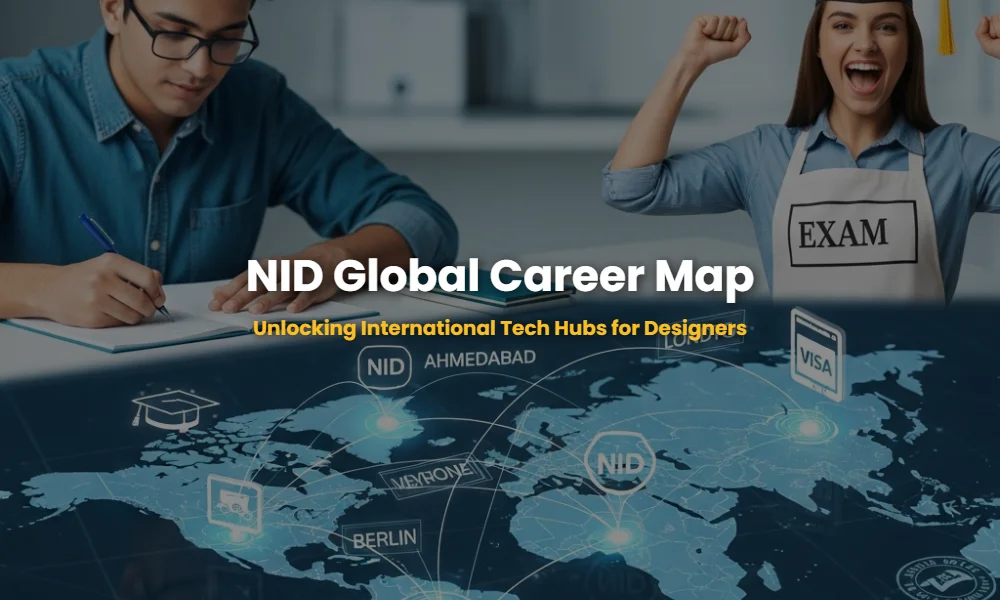 Isometric map showing global career paths for NID alumni to North American and European tech hubs.