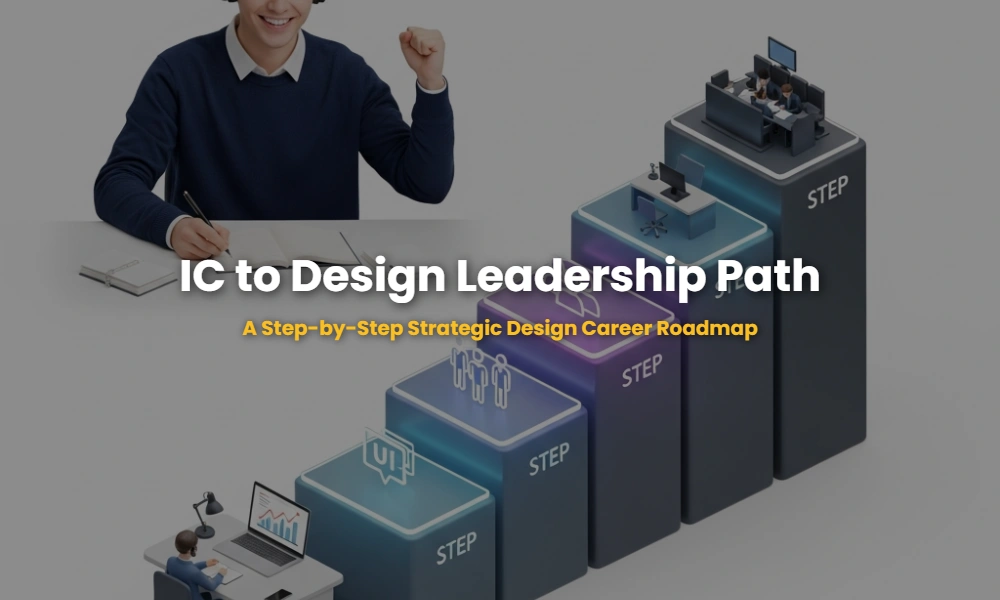 3D Isometric flowchart illustrating the career path from Individual Contributor designer to Design Management and Strategic Leadership.