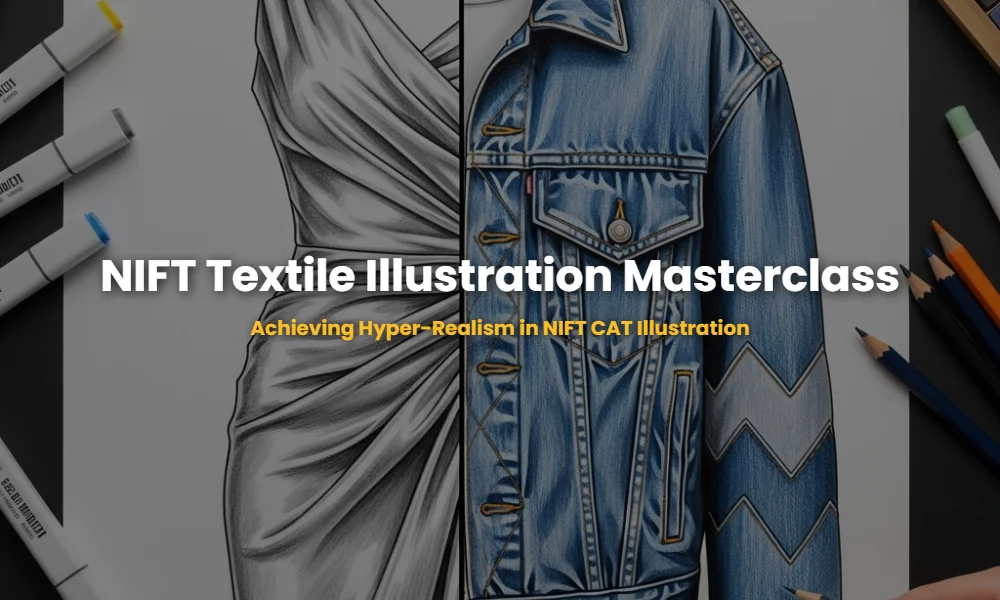 Comparative fashion illustration of silk and denim showing different fold dynamics and textures for NIFT CAT preparation.