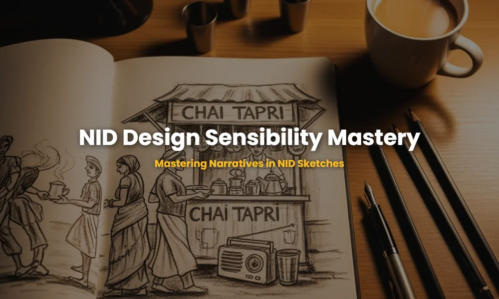 NID DAT Mains conceptual sketch showing socio-cultural narratives on a designer desk.