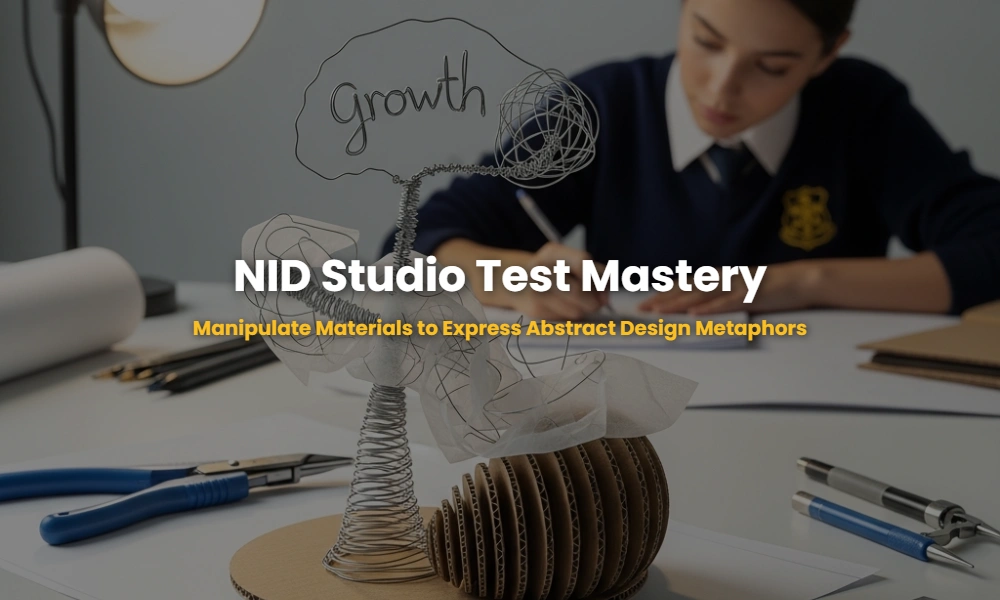 A sophisticated 3D abstract model showcasing material manipulation for the NID Studio Test, featuring wire, paper, and cardboard textures.