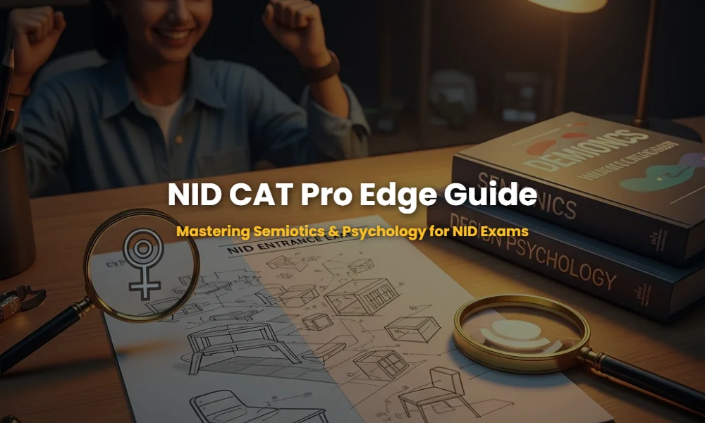 A professional design workspace showing NID CAT preparation with a focus on semiotics and psychology books and sketches.