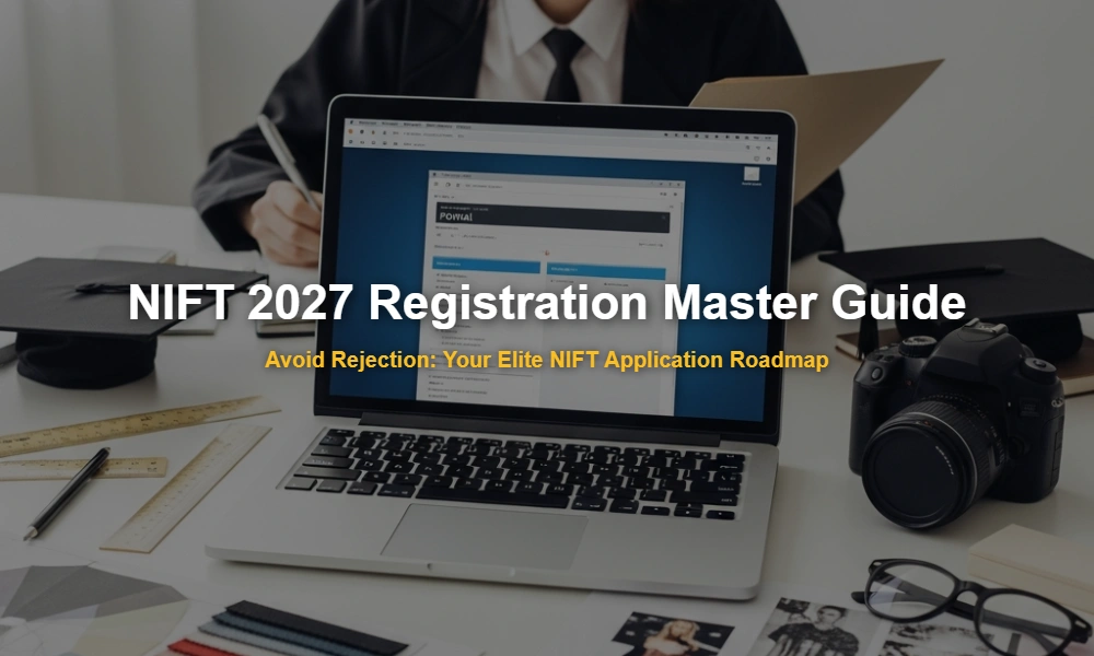 Step-by-step NIFT 2027 online registration portal and document preparation desk setup.