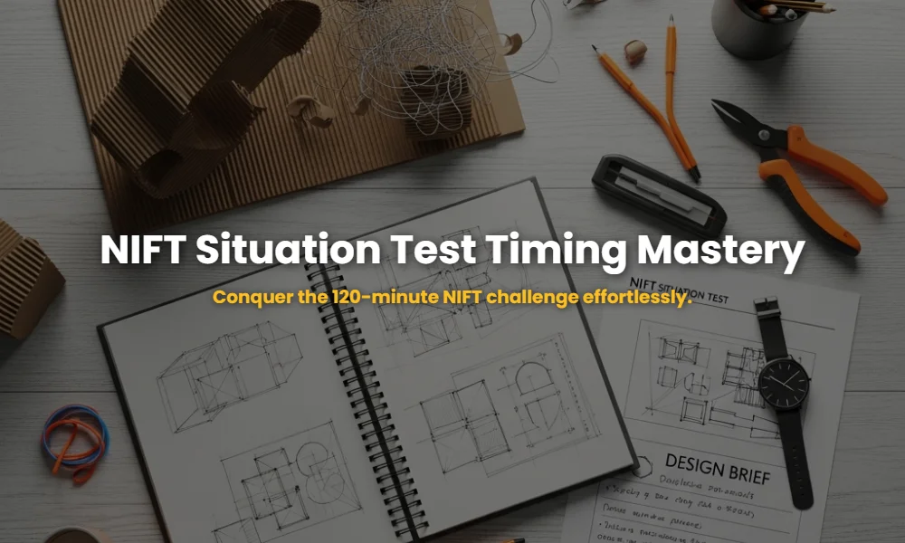 Expert NIFT Situation Test workstation showing time management with model, sketches, and design brief.