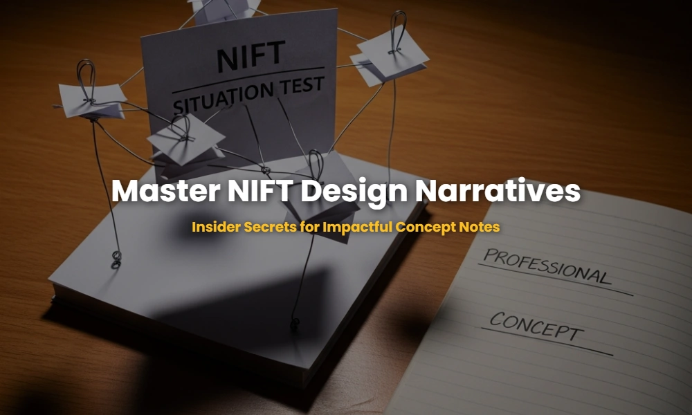 NIFT Situation Test model with paper and wire next to a design concept note on a wooden table.