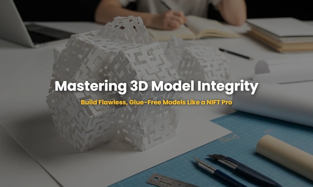 A professional white paper 3D model with interlocking joints and sharp folds on a designer's desk.
