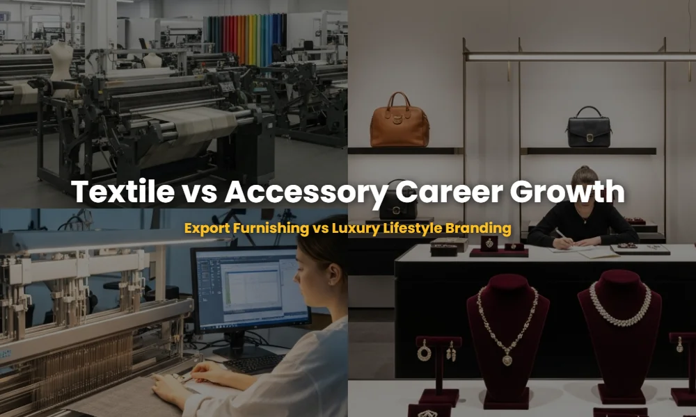 Comparison of Textile Design export house environment vs Luxury Accessory Design retail environment.