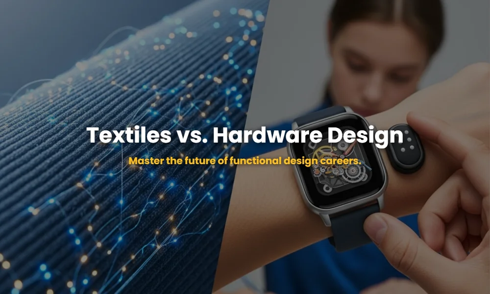 A split image showing technical smart textiles with glowing threads vs futuristic wearable hardware and ergonomic sensors.