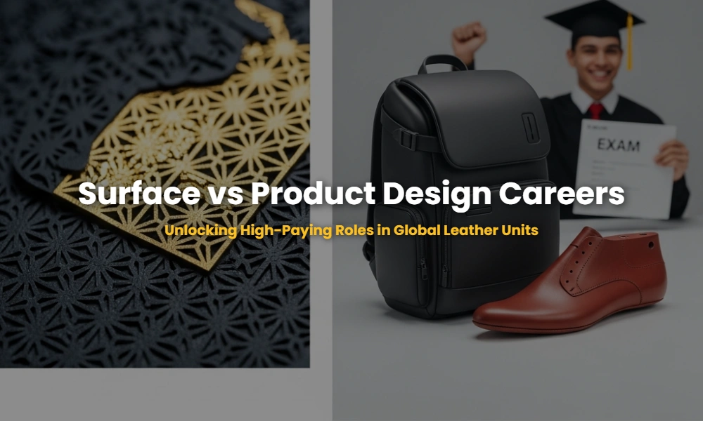 Split screen comparing leather surface development textures and product design CAD models for footwear and bags.