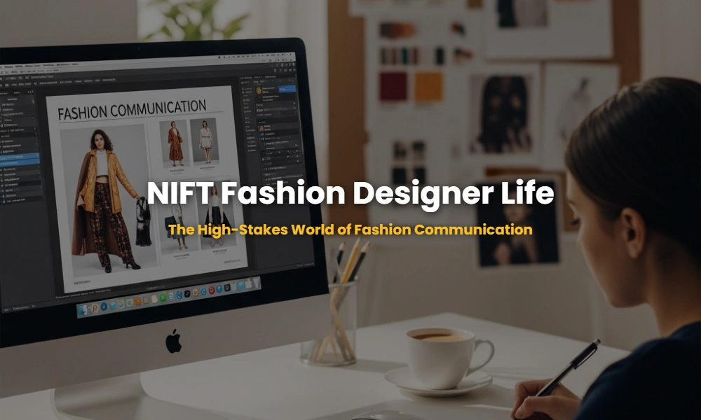 A professional fashion communication designer's workspace featuring a mood board and digital layout software.